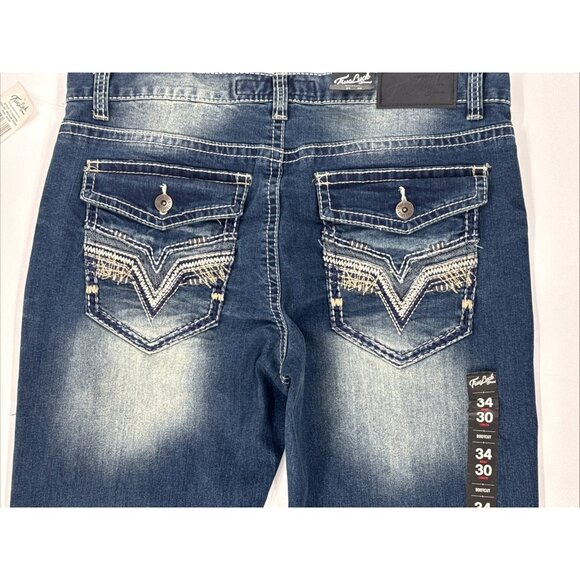 True Luck Jeans Mens 34x30 Blue Denim Bootcut Stretch Embroidered Whiskering - Picture 6 of 11